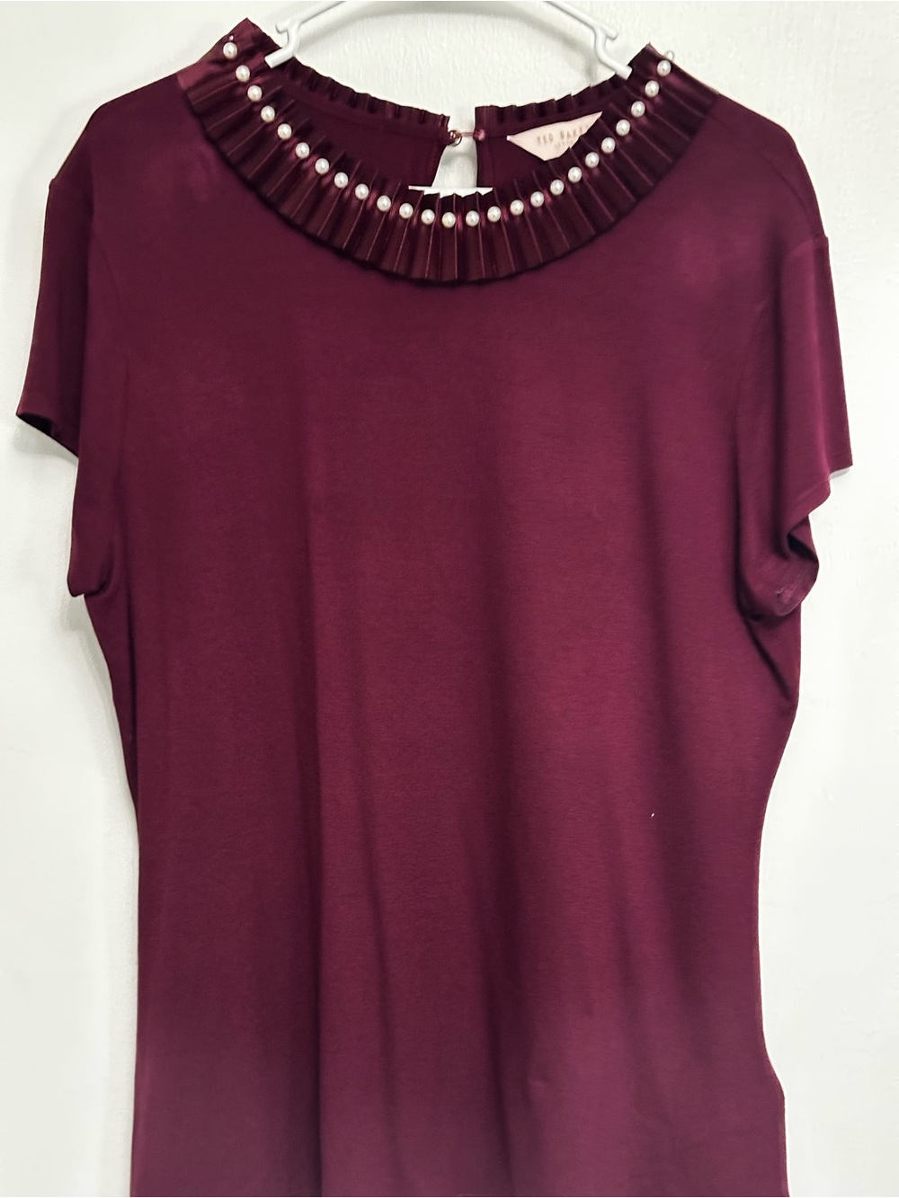 Ted Baker Burgundy  Pearl-Trim Pleated Neck Women’s Top
